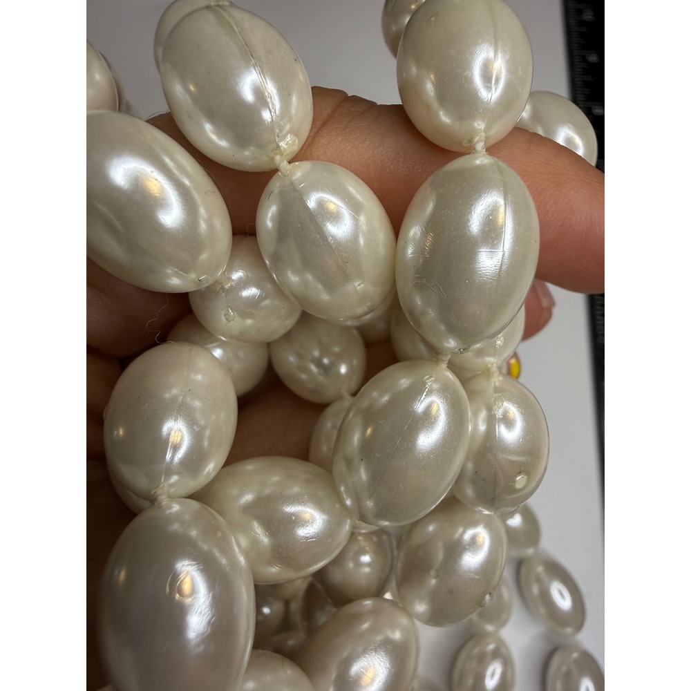 Vintage Oversized Faux Pearl Necklace Long Knotted Oval Bead Opera Strand 60 In